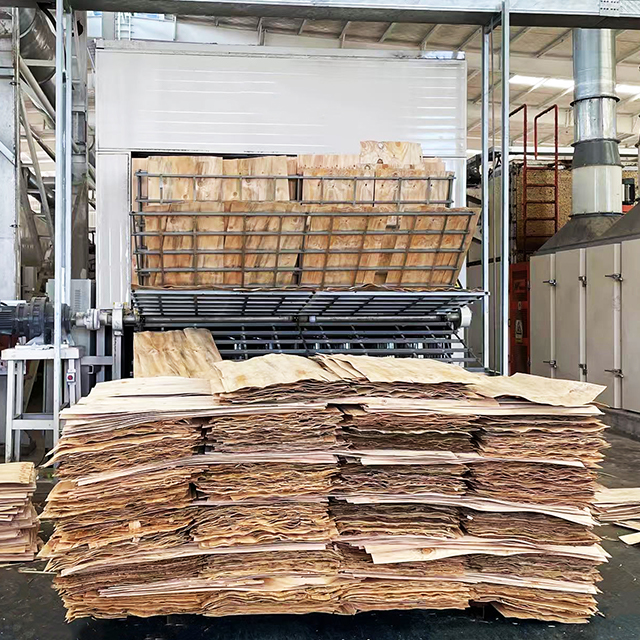 Secadora industrial de chapa continua en una planta de fabricaci&oacute;n de madera contrachapada